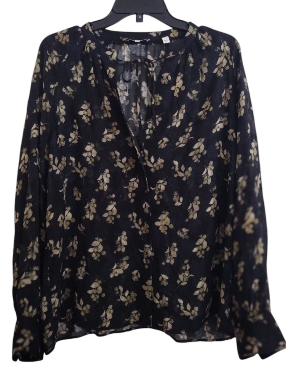 Vince Dandelion Poet Popover Black And Gold Floral Tie-Neck Silk Blouse Medium